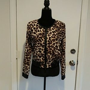 Animal print bomber jacket with leather detail